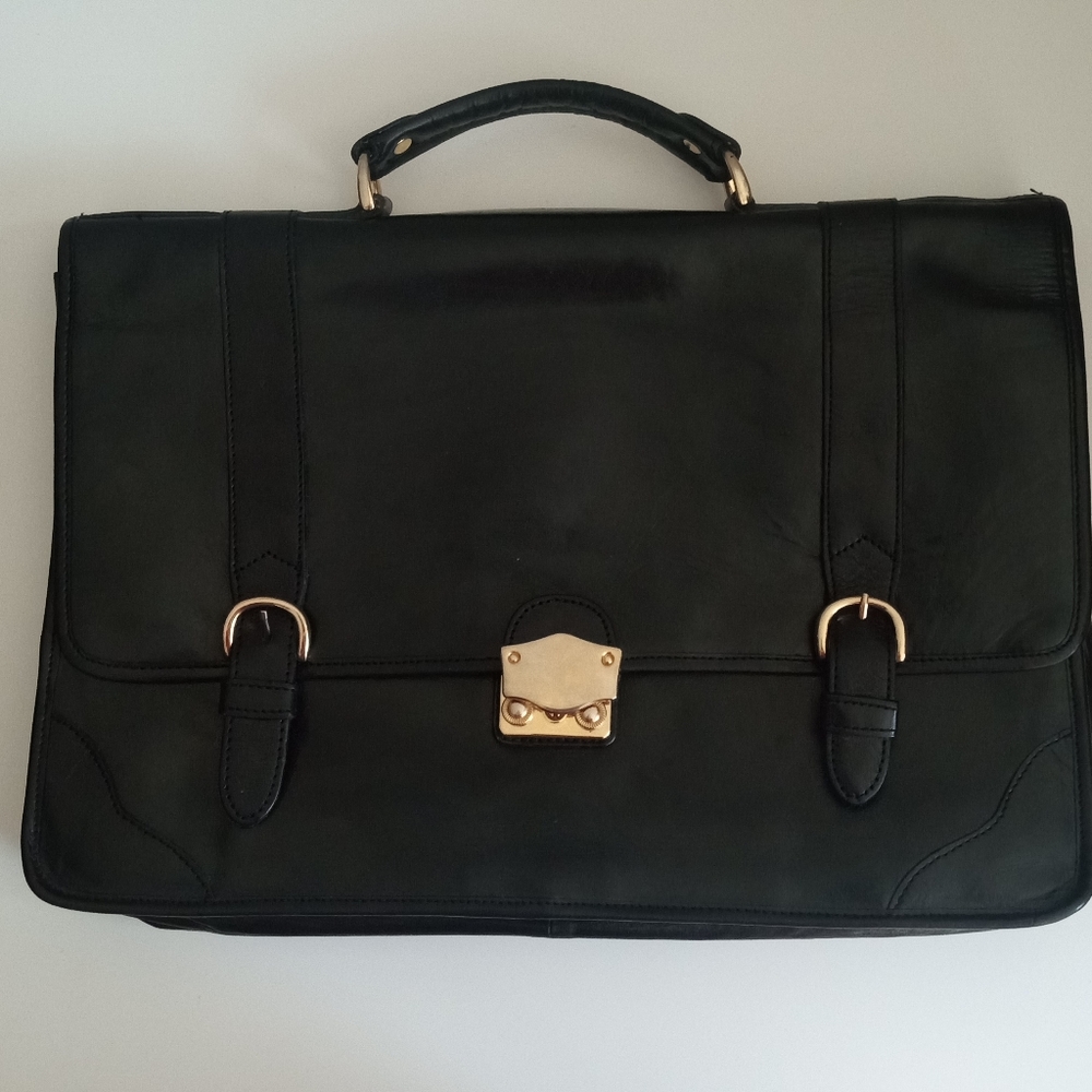 ⭐🖤💼 Unisex Genuine Leather Briefcase with Strap, Laptop Bag with Gold Hardware